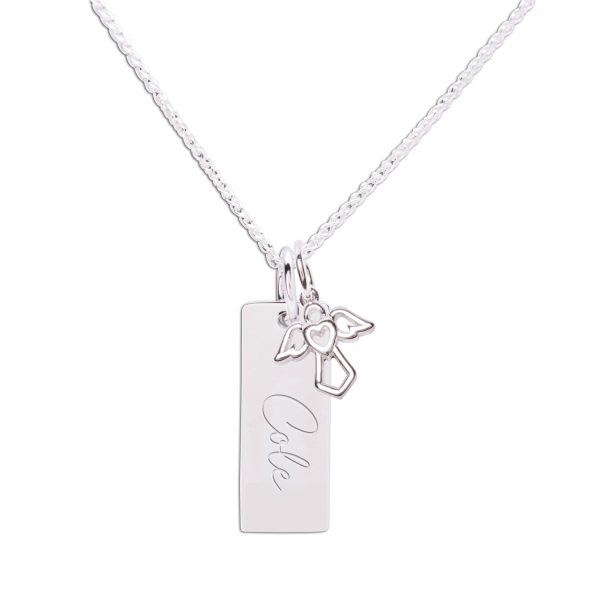 Sterling Silver Bar Necklace with Angel Charm for Kids