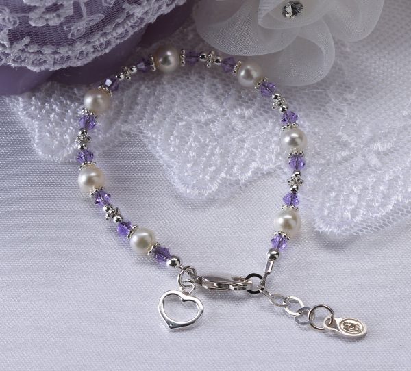 Sterling Silver Baby Bracelet with Pearls and Lavender Crystals, Toddler and Little Girls Jewelry