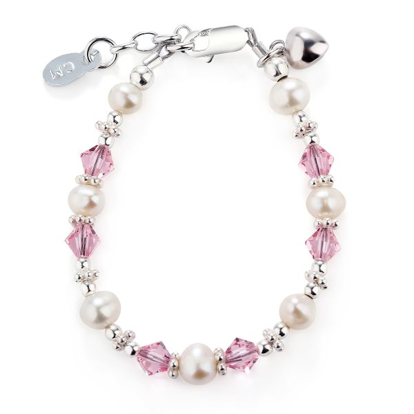 Sterling Silver Pearl & Pink Heart Bracelet for Newborn Infant Baby Girl Gift, Toddlers, or Little Girls