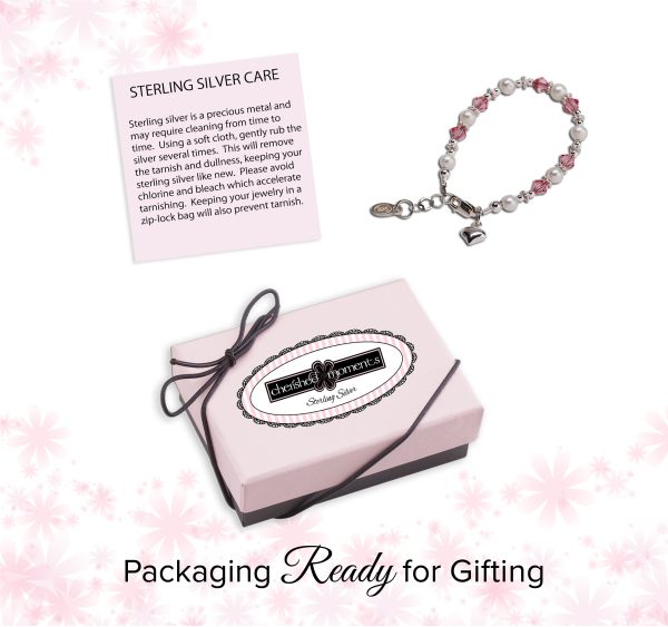Sterling Silver Pearl & Pink Heart Bracelet for Newborn Infant Baby Girl Gift, Toddlers, or Little Girls