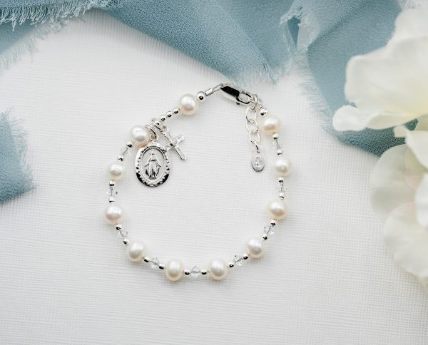 Girl’s Freshwater White or Pink Pearl Rosary Bracelet with Cross and Miraculous Medal