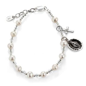 Girls First Communion Gift Sterling Silver Rosary Bracelet with Miraculous Medal