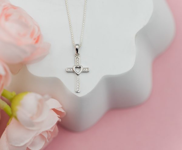 Sterling Silver Children’s Cross CZ Necklace with Open Heart