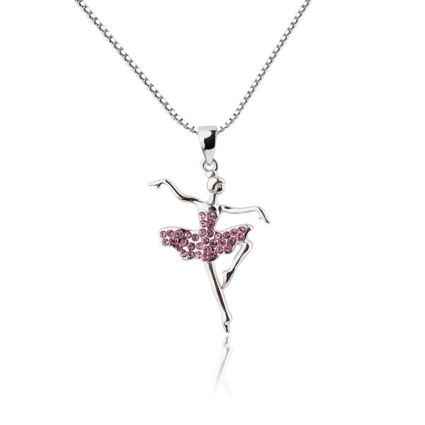 Children’s Sterling Silver Ballerina Necklace with Pink Austrian Crystals for Toddlers, Little Girls Dance Team Recital Gift, Ballet Jewelry