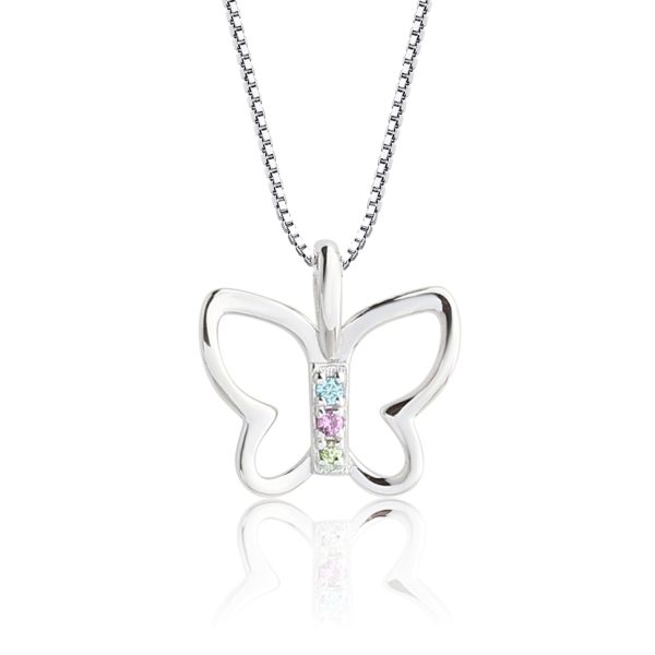 Girls Sterling Silver Butterfly Necklace with Multi-Colored CZ’s