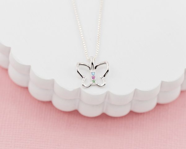 Girls Sterling Silver Butterfly Necklace with Multi-Colored CZ’s