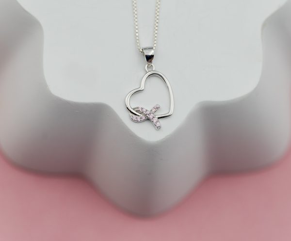 Sterling Silver Heart “Never Give up – You are Loved” Cancer Survivor and Awareness Ribbon Necklace