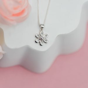 Sterling Silver Daisy Necklace with White Pearl for Girls