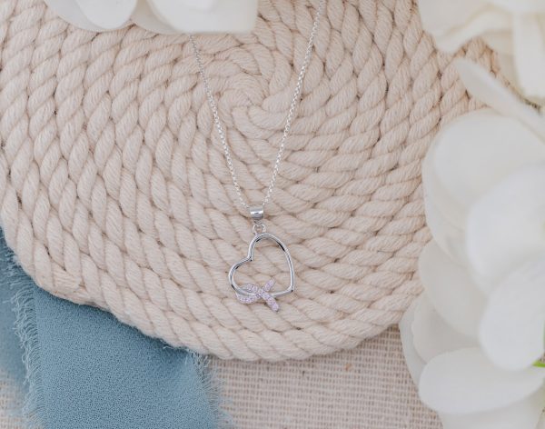 Sterling Silver Heart “Never Give up – You are Loved” Cancer Survivor and Awareness Ribbon Necklace
