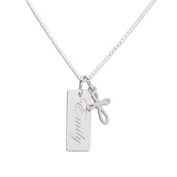 Girls Gold-Plated Bar Necklace with Cross – Engraveable