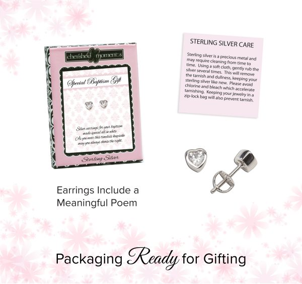 Sterling Silver Baptism CZ Heart Earrings