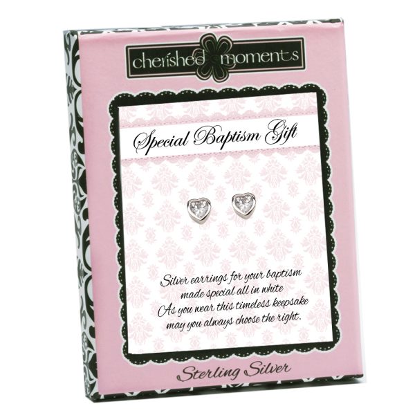 Sterling Silver Baptism CZ Heart Earrings