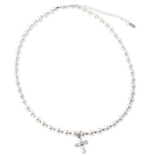 Sterling Silver Simulated Pearl Cross Necklace for Baptism or Communion