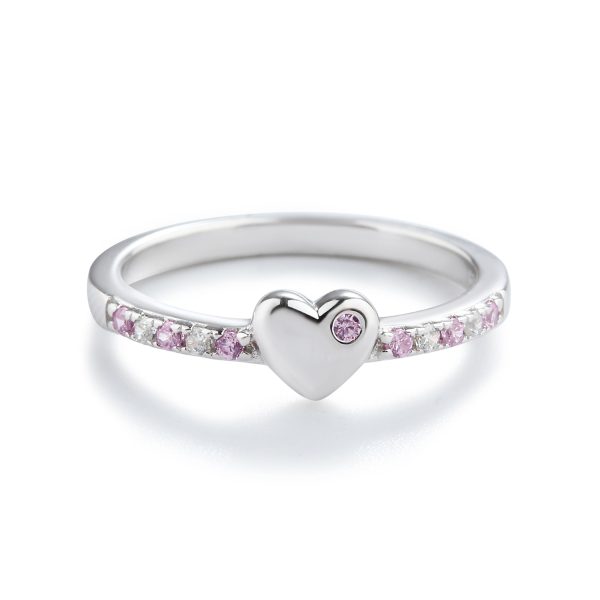 Little Girls Sterling Silver Puff Heart Ring with Pink and Clear CZ’s