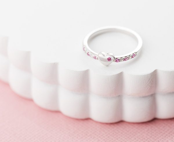 Little Girls Sterling Silver Puff Heart Ring with Pink and Clear CZ’s