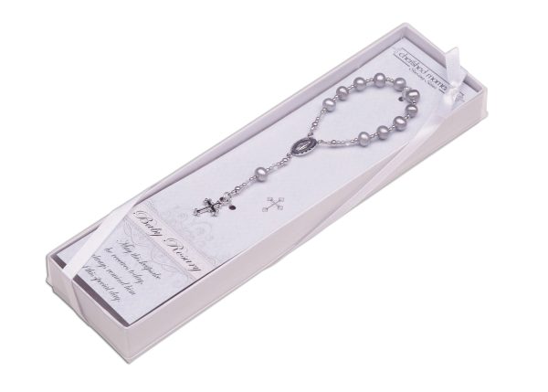 Sterling Silver Grey Baby Rosary Baptism Gift - Cherished Moments Jewelry