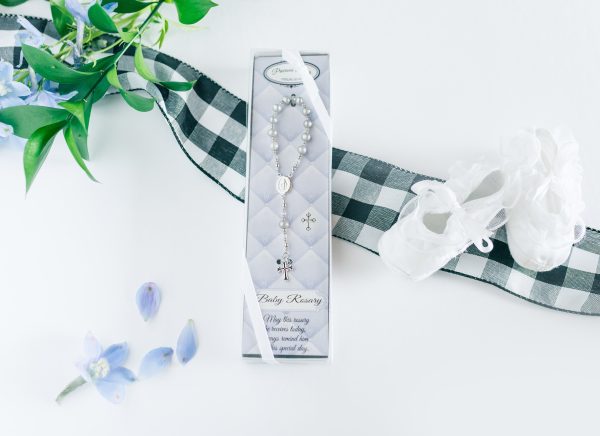 Sterling Silver Grey Baby Rosary Baptism Gift - Cherished Moments Jewelry