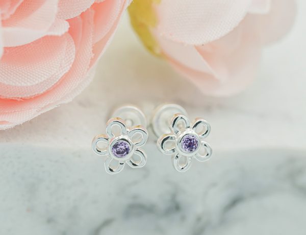 Sterling Silver Birthstone Daisy Earrings for Kids
