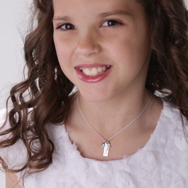 Sterling Silver Bar Necklace with Cross and CZ Birthstone Heart for Kids