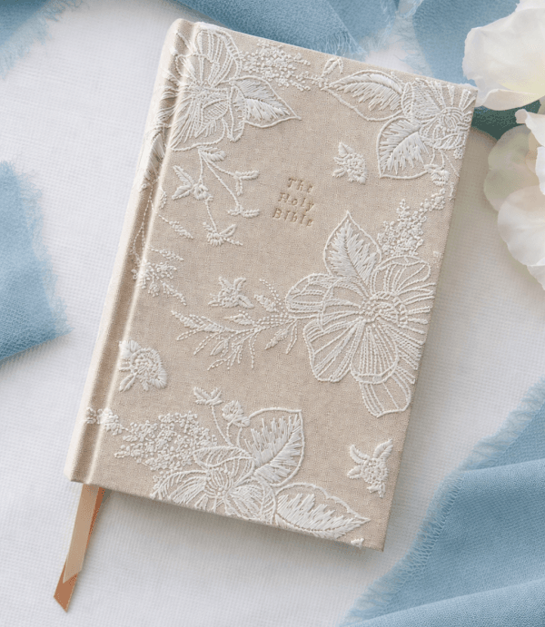 Girl’s Floral White Embroidered Bible with Gold-Gilded Pages
