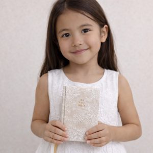 Girl’s Floral White Embroidered Bible with Gold-Gilded Pages