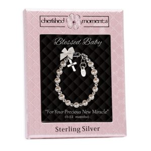 Sterling Silver High-End Austrian Simulated Pearl Cross Baptism, Christening or Dedication Bracelet for Baby Girl - Cherished Moments Jewelry
