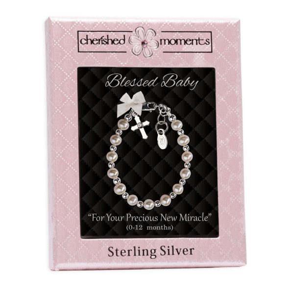 Sterling Silver High-End Austrian Simulated Pearl Cross Baptism, Christening or Dedication Bracelet for Baby Girl - Cherished Moments Jewelry