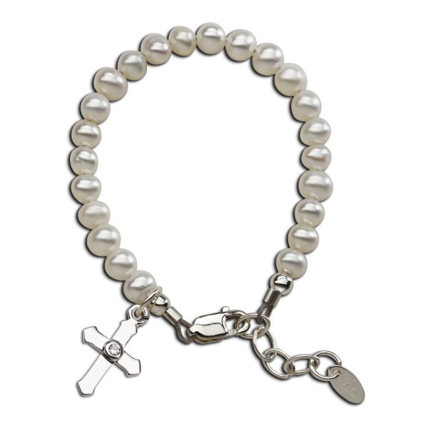 Sterling Silver High-End Austrian Simulated Pearl Cross Baptism Bracelet for Infant Baby or Little Girls Communion Gift - Cherished Moments Jewelry