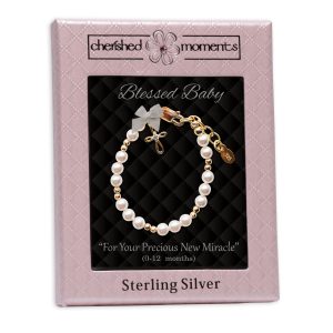 14K Gold Plated Pearl Baptism Cross Bracelet for Infant Newborn Baby Girl Gift