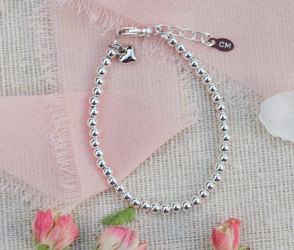 Sterling Silver Beaded Puff Heart Bracelet for Babies, Girls and Women