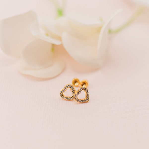 14K Gold Plated Heart Earrings with CZs and Screw Backs for Kids