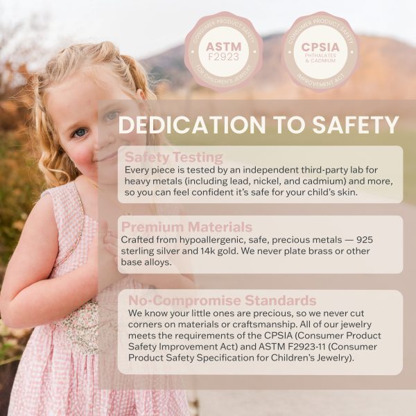 Young girl in a pink dress with safety certification logos and text about product testing and materials.