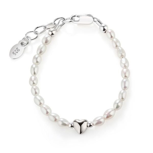 Sterling Silver Simulated Rice Pearl Baby Bracelet with Puff Heart for Kids