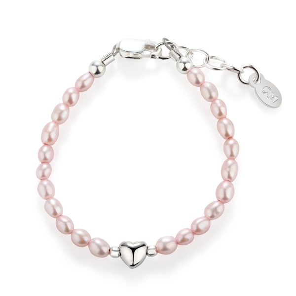 Sterling Silver Pink Simulated Rice Pearl Baby Bracelet for Kids with Heart Bead