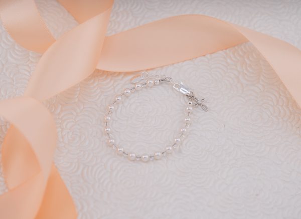 Sterling Silver Simulated Pearl Bracelet with Infinity Cross
