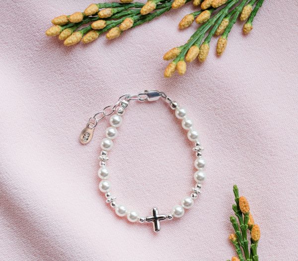 Children’s Crystal and Simulated Pearl Bracelet with Cross