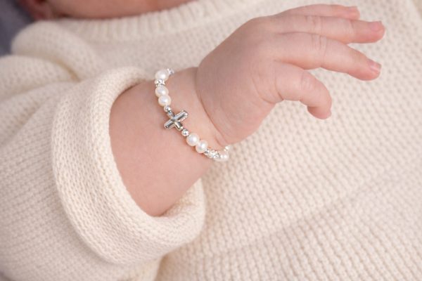 Children’s Crystal and Simulated Pearl Bracelet with Cross