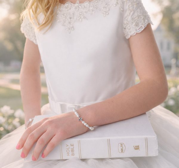 Children’s Crystal and Simulated Pearl Bracelet with Cross