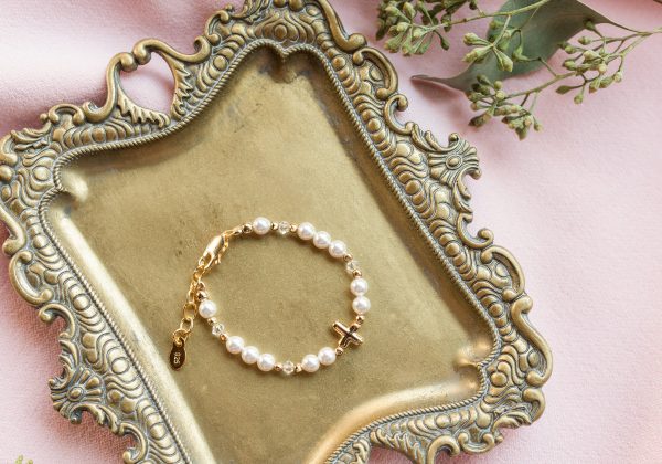 Children’s Crystal and Simulated Pearl Bracelet with Cross