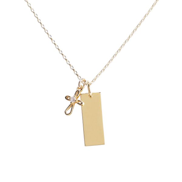 Girls Gold-Plated Bar Necklace with Cross – Engraveable