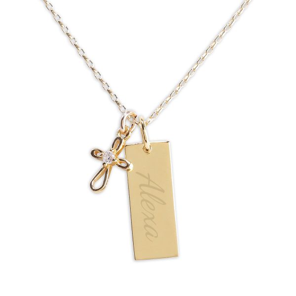 Girls Gold-Plated Bar Necklace with Cross – Engraveable
