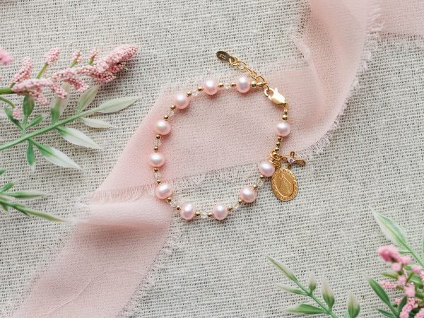 Girl’s Freshwater White or Pink Pearl Rosary Bracelet with Cross and Miraculous Medal
