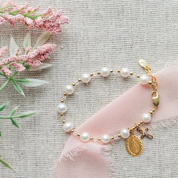 Girl’s Freshwater White or Pink Pearl Rosary Bracelet with Cross and Miraculous Medal