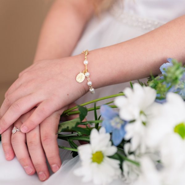 Girl’s Freshwater White or Pink Pearl Rosary Bracelet with Cross and Miraculous Medal