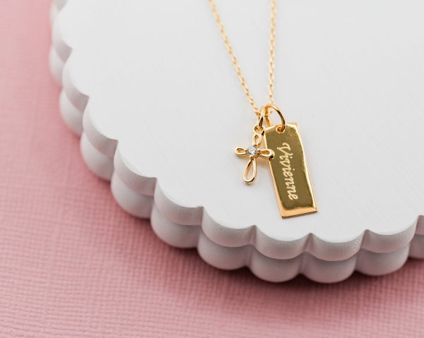 Girls Gold-Plated Bar Necklace with Cross – Engraveable