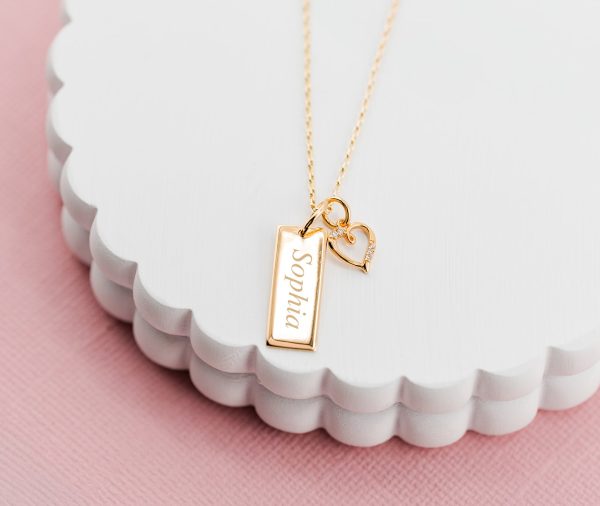 Girls Gold-Plated Bar Necklace with Heart – Engraveable