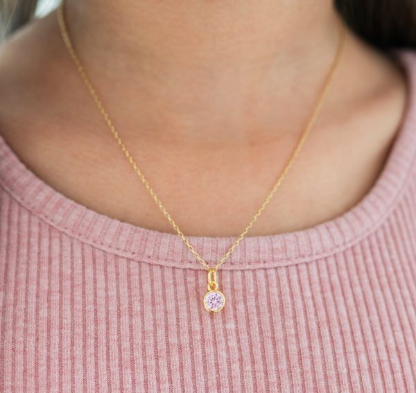 14K Gold Plated Round CZ Birthstone Necklace for Girls, Teens and Women