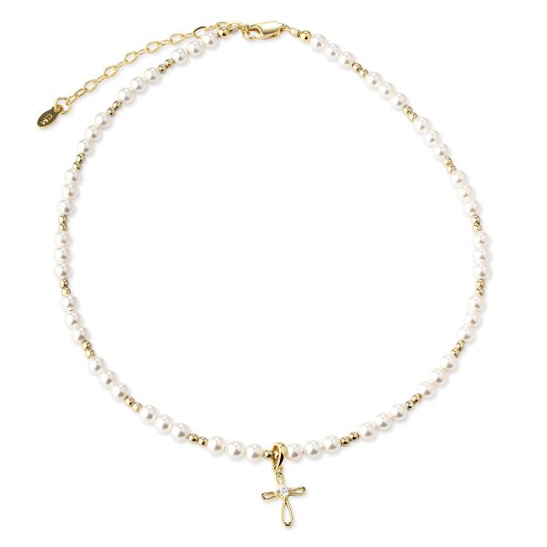 14K Gold-Plated Simulated Pearl Cross Necklace for Children