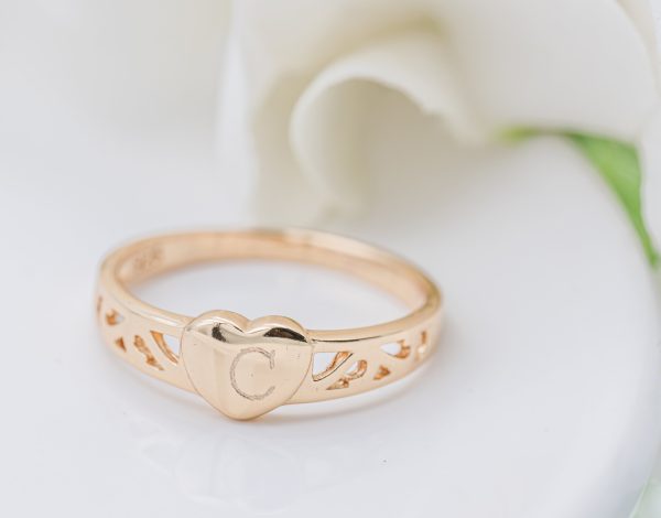 14K Gold Plated Baby Heart Ring – Engraved Initial Heart Ring