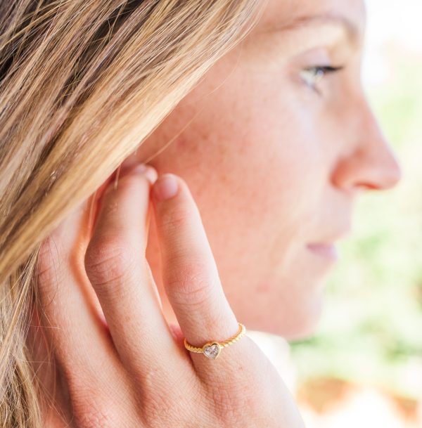14K Gold-Plated Rope Ring with Clear CZ Heart for Girls